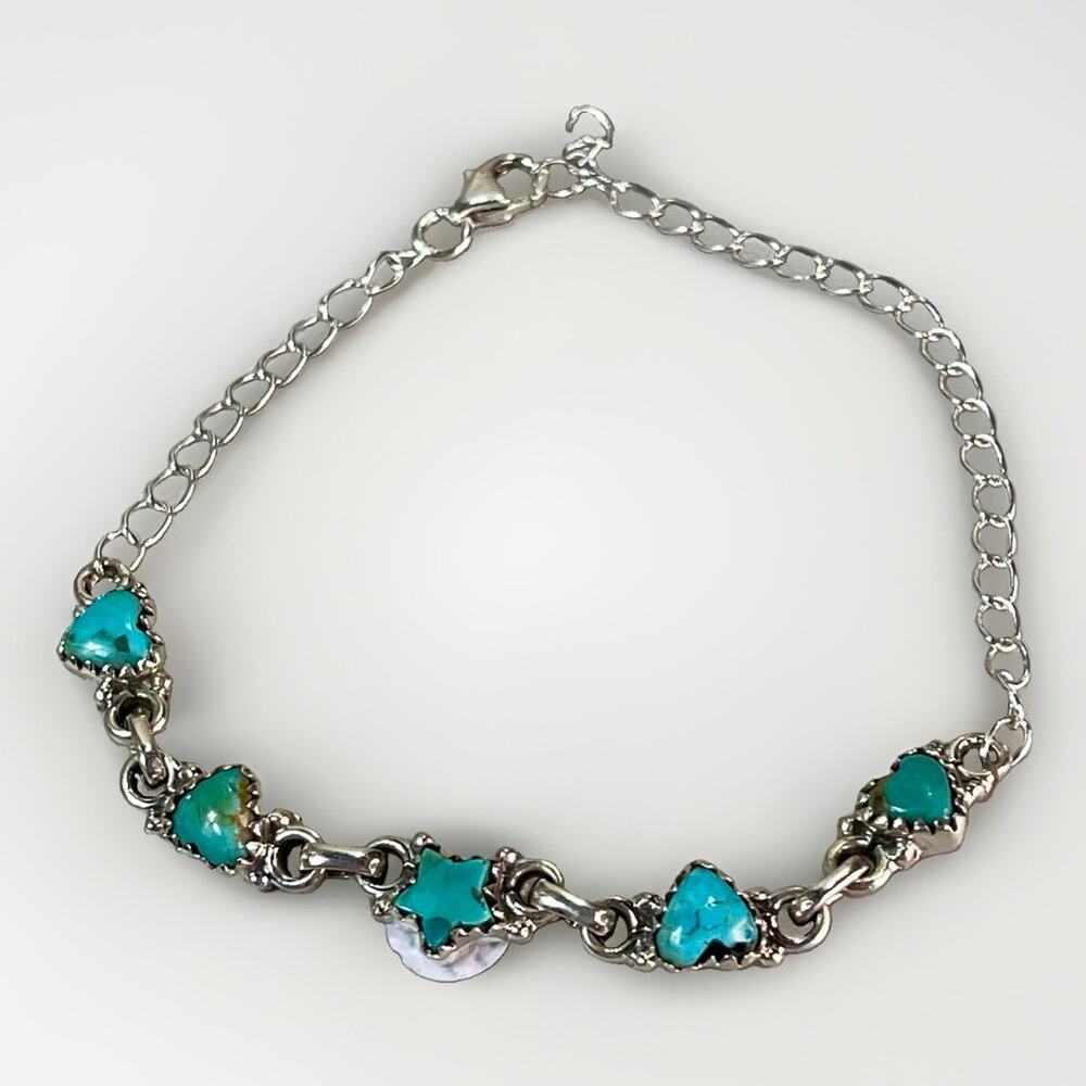 Kingman Turquoise Sterling Silver Heart Star Bracelet 7.5” Handmade Southwestern